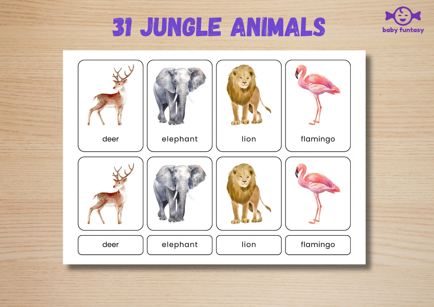 31 Jungle Animal Flashcards for Toddlers, Printable 3-Parts Montessori Material, Digital Download