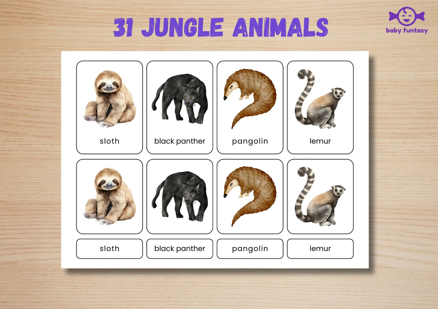 31 Jungle Animal Flashcards for Toddlers, Printable 3-Parts Montessori Material, Digital Download