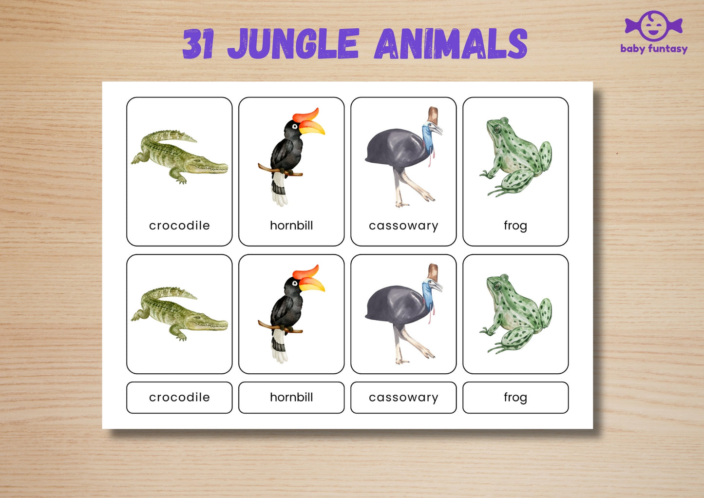 31 Jungle Animal Flashcards for Toddlers, Printable 3-Parts Montessori Material, Digital Download