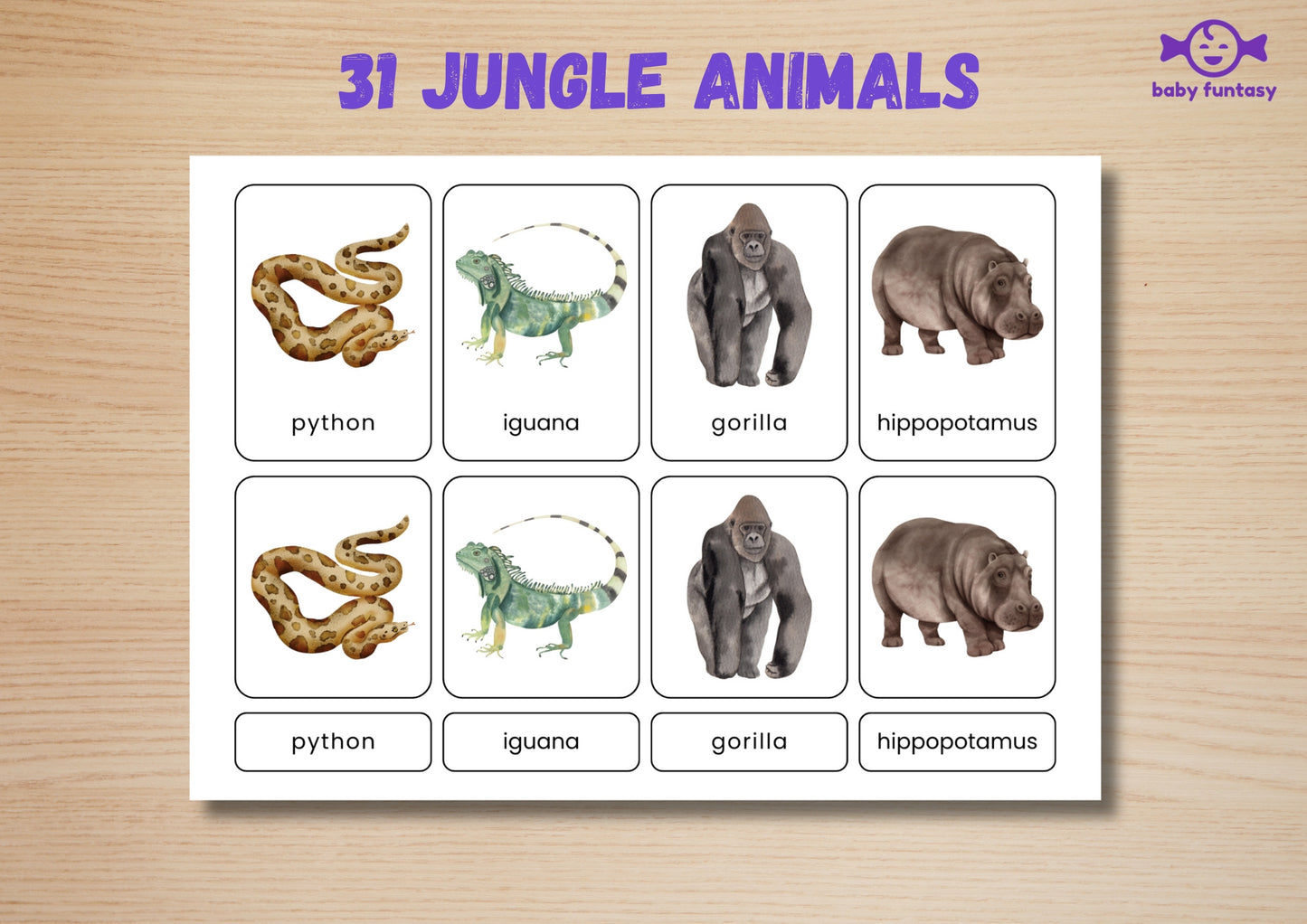 31 Jungle Animal Flashcards for Toddlers, Printable 3-Parts Montessori Material, Digital Download