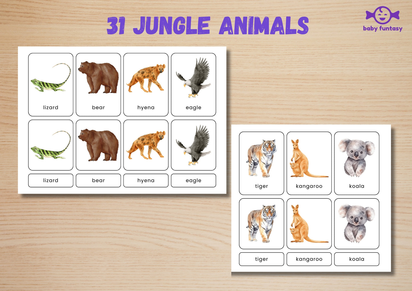 31 Jungle Animal Flashcards for Toddlers, Printable 3-Parts Montessori Material, Digital Download