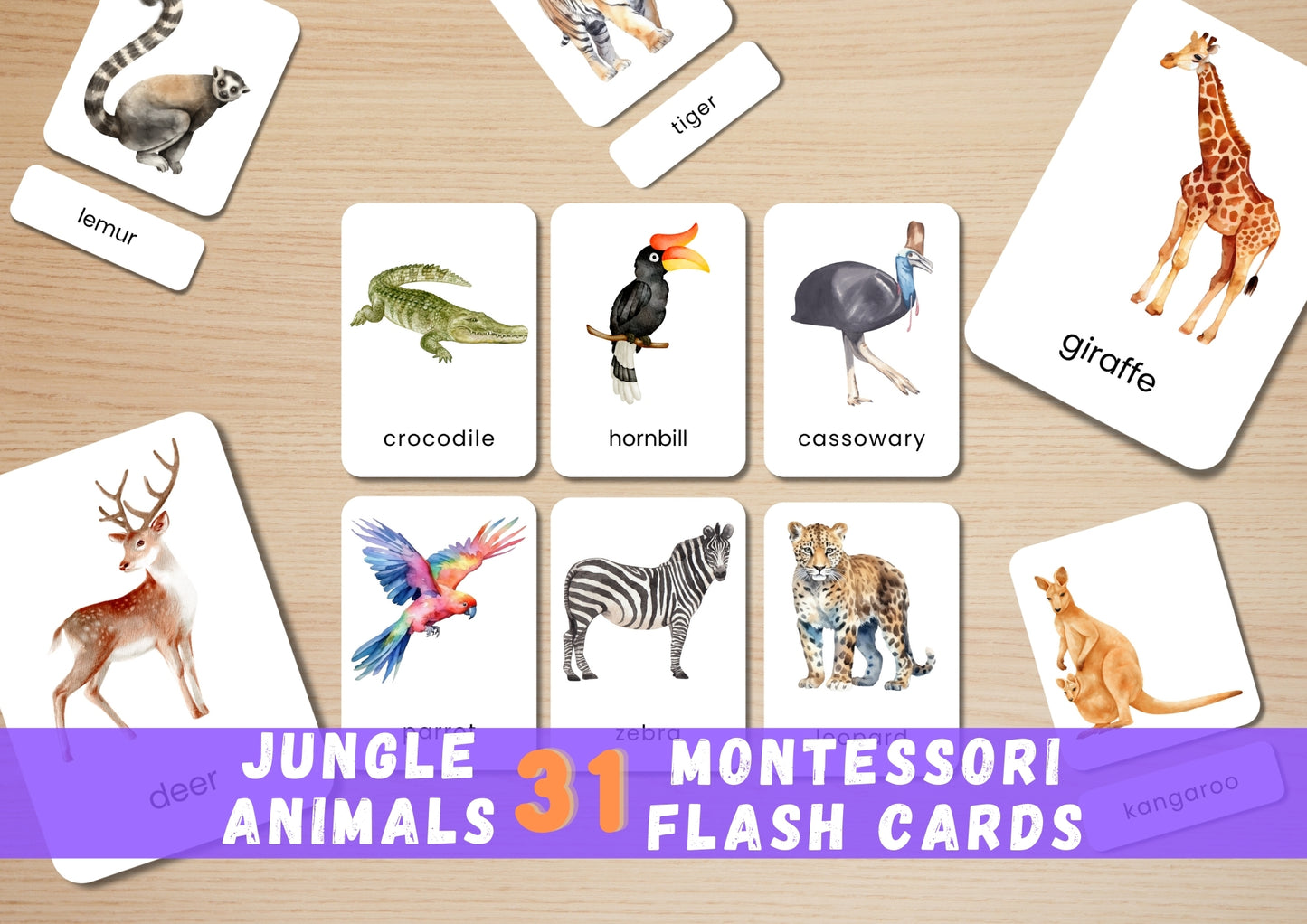 31 Jungle Animal Flashcards for Toddlers, Printable 3-Parts Montessori Material, Digital Download