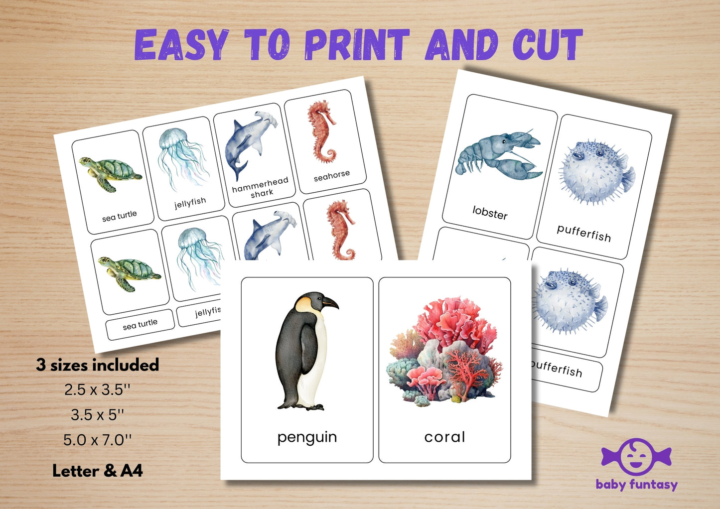 31 Ocean Animal Flashcards for Toddlers, Printable 3-Parts Montessori Material, Digital Download