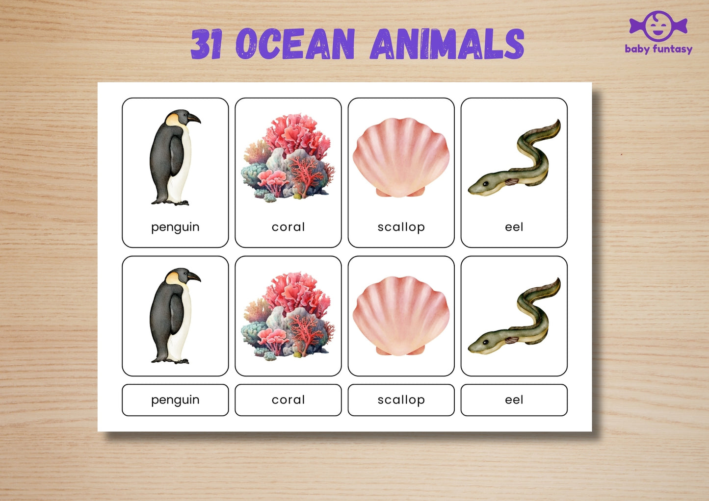 31 Ocean Animal Flashcards for Toddlers, Printable 3-Parts Montessori Material, Digital Download