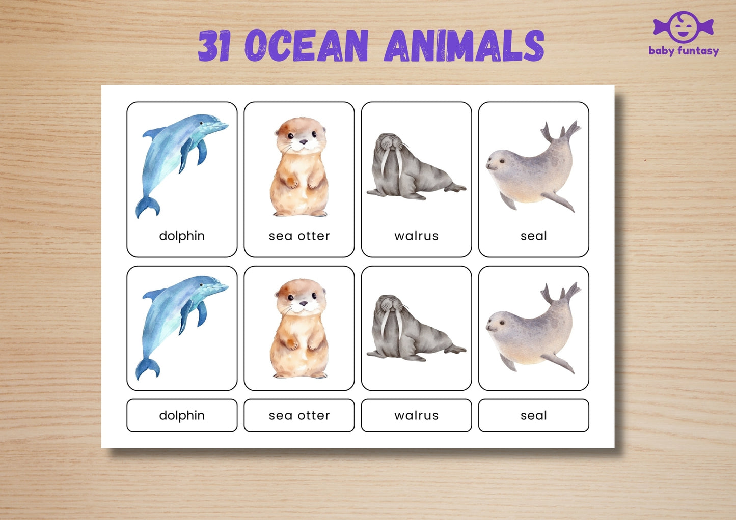 31 Ocean Animal Flashcards for Toddlers, Printable 3-Parts Montessori Material, Digital Download
