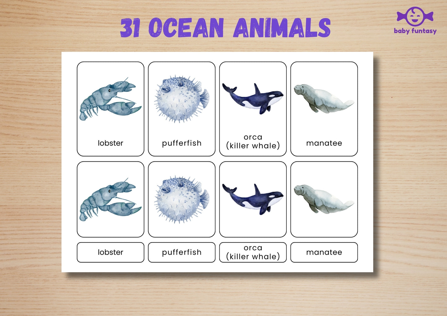 31 Ocean Animal Flashcards for Toddlers, Printable 3-Parts Montessori Material, Digital Download