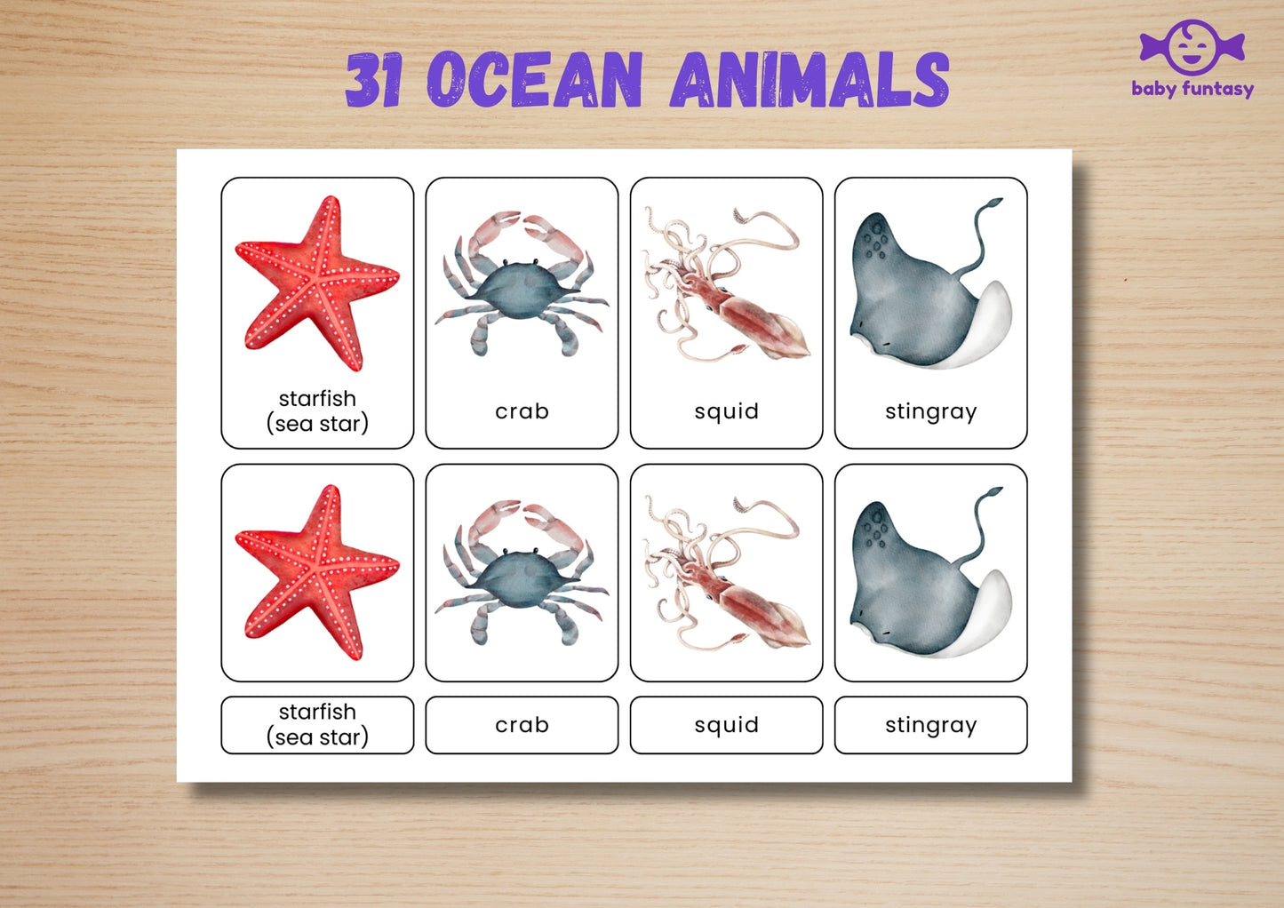 31 Ocean Animal Flashcards for Toddlers, Printable 3-Parts Montessori Material, Digital Download
