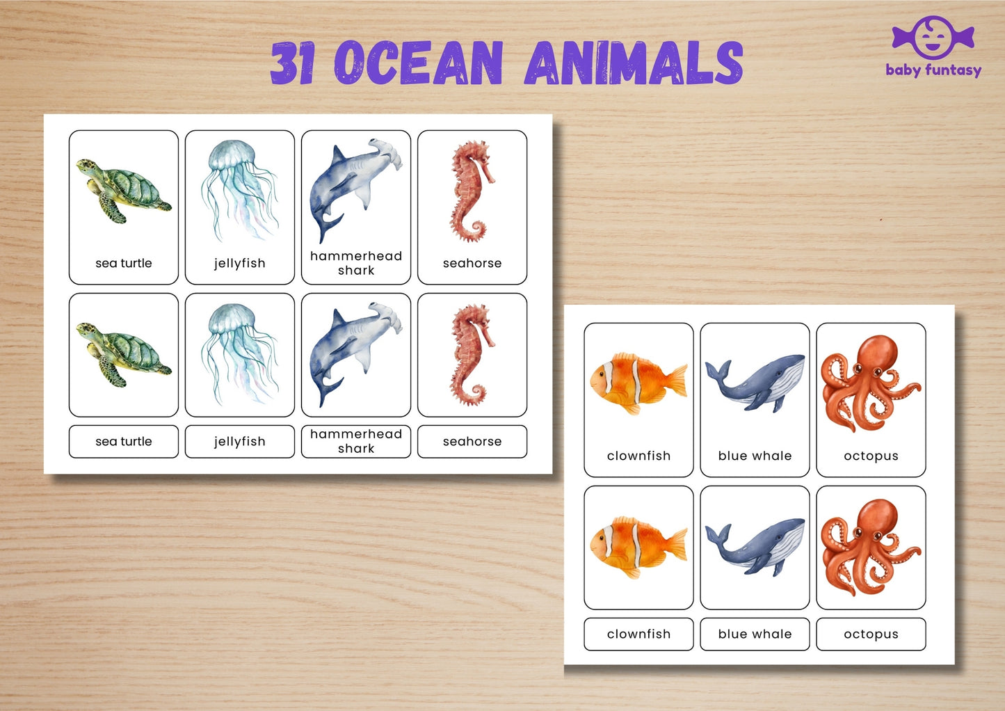 31 Ocean Animal Flashcards for Toddlers, Printable 3-Parts Montessori Material, Digital Download