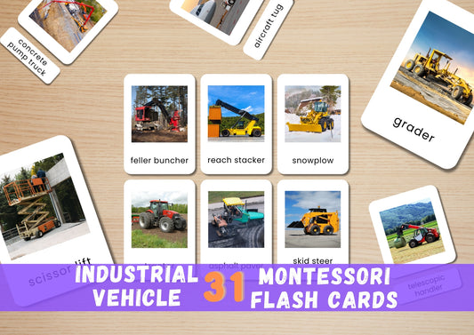 31 Industrial Vehicle Flashcards for Toddlers, Printable 3-Parts Montessori Material, Digital Download
