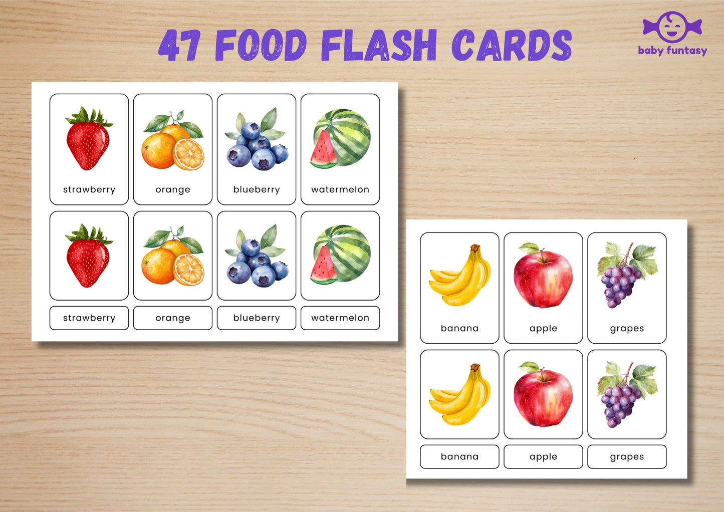 47 Food Flashcards for Toddlers | Watercolor Montessori Cards