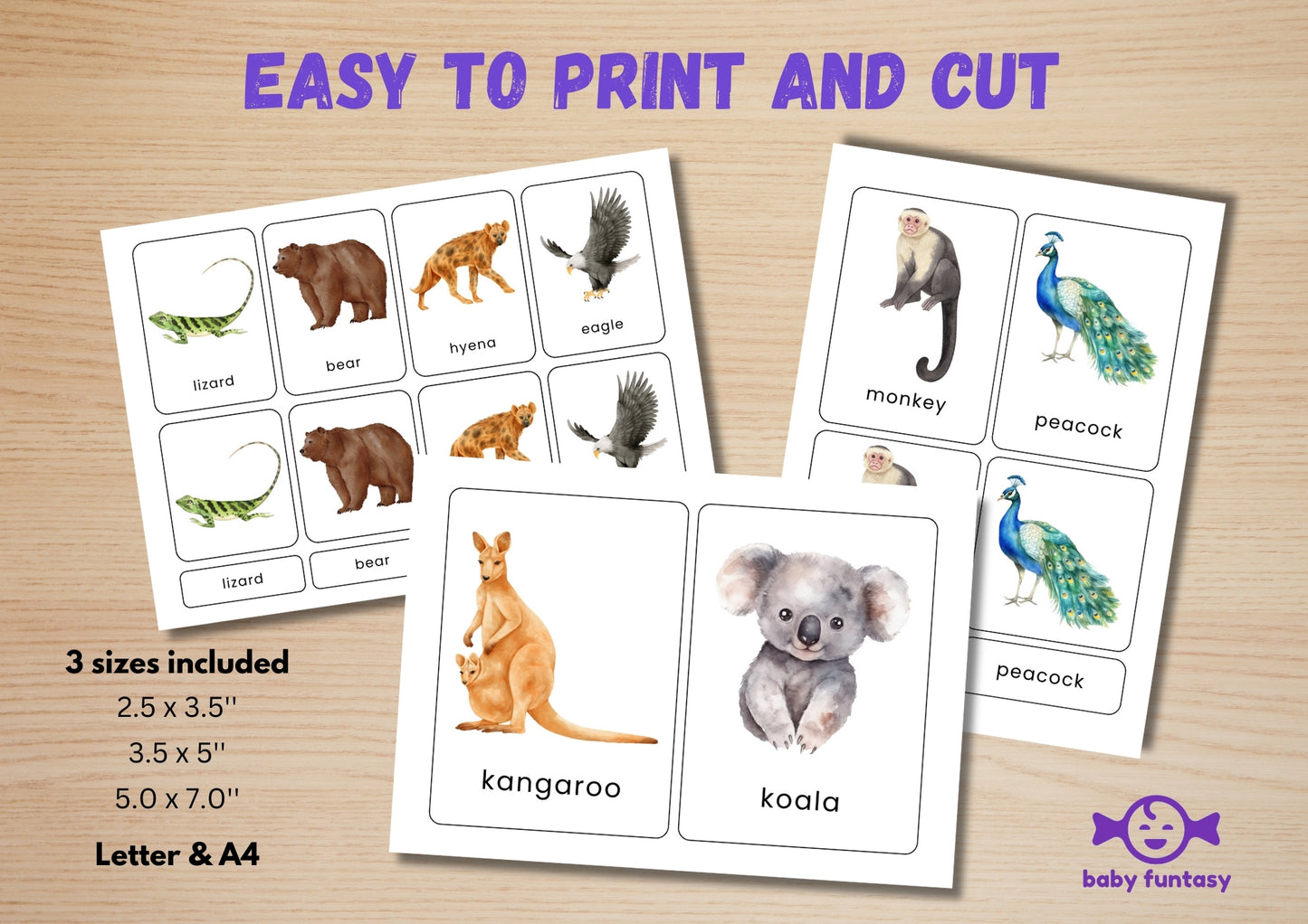 31 Jungle Animal Flashcards for Toddlers, Printable 3-Parts Montessori Material, Digital Download