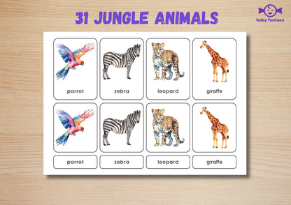 31 Jungle Animal Flashcards for Toddlers, Printable 3-Parts Montessori Material, Digital Download