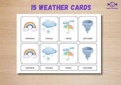15 Weather Flashcards for Toddlers | Watercolor Montessori Cards