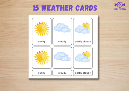 15 Weather Flashcards for Toddlers | Watercolor Montessori Cards
