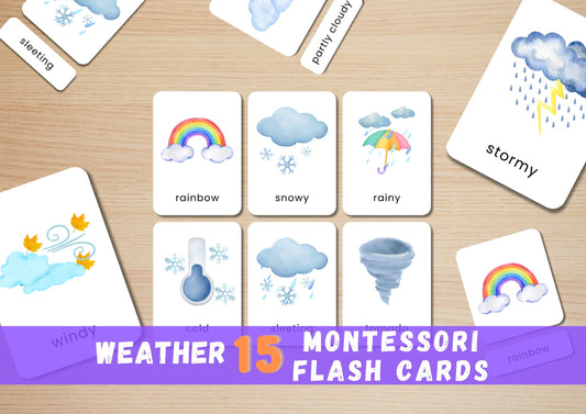 15 Weather Flashcards for Toddlers | Watercolor Montessori Cards
