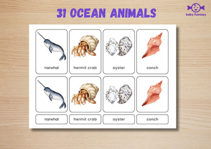 31 Ocean Animal Flashcards for Toddlers, Printable 3-Parts Montessori Material, Digital Download