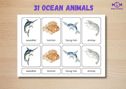 31 Ocean Animal Flashcards for Toddlers, Printable 3-Parts Montessori Material, Digital Download