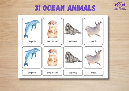 31 Ocean Animal Flashcards for Toddlers, Printable 3-Parts Montessori Material, Digital Download