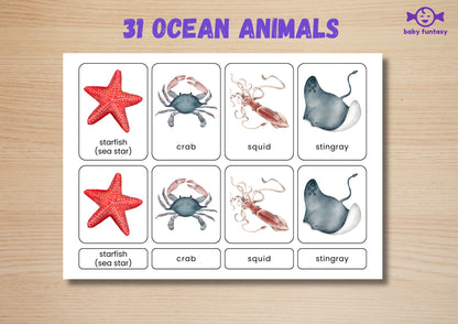 31 Ocean Animal Flashcards for Toddlers, Printable 3-Parts Montessori Material, Digital Download