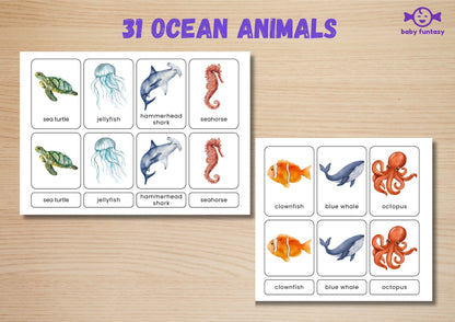 31 Ocean Animal Flashcards for Toddlers, Printable 3-Parts Montessori Material, Digital Download