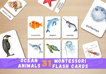 31 Ocean Animal Flashcards for Toddlers, Printable 3-Parts Montessori Material, Digital Download