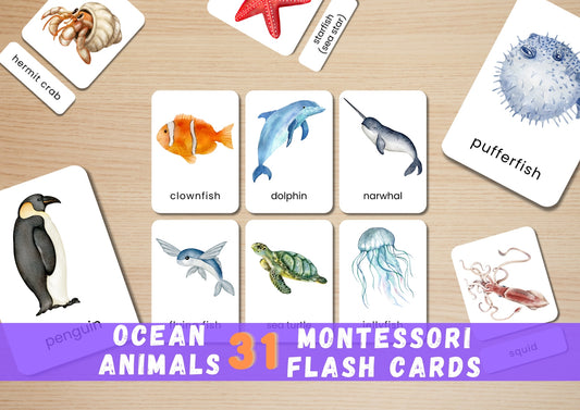 31 Ocean Animal Flashcards for Toddlers, Printable 3-Parts Montessori Material, Digital Download